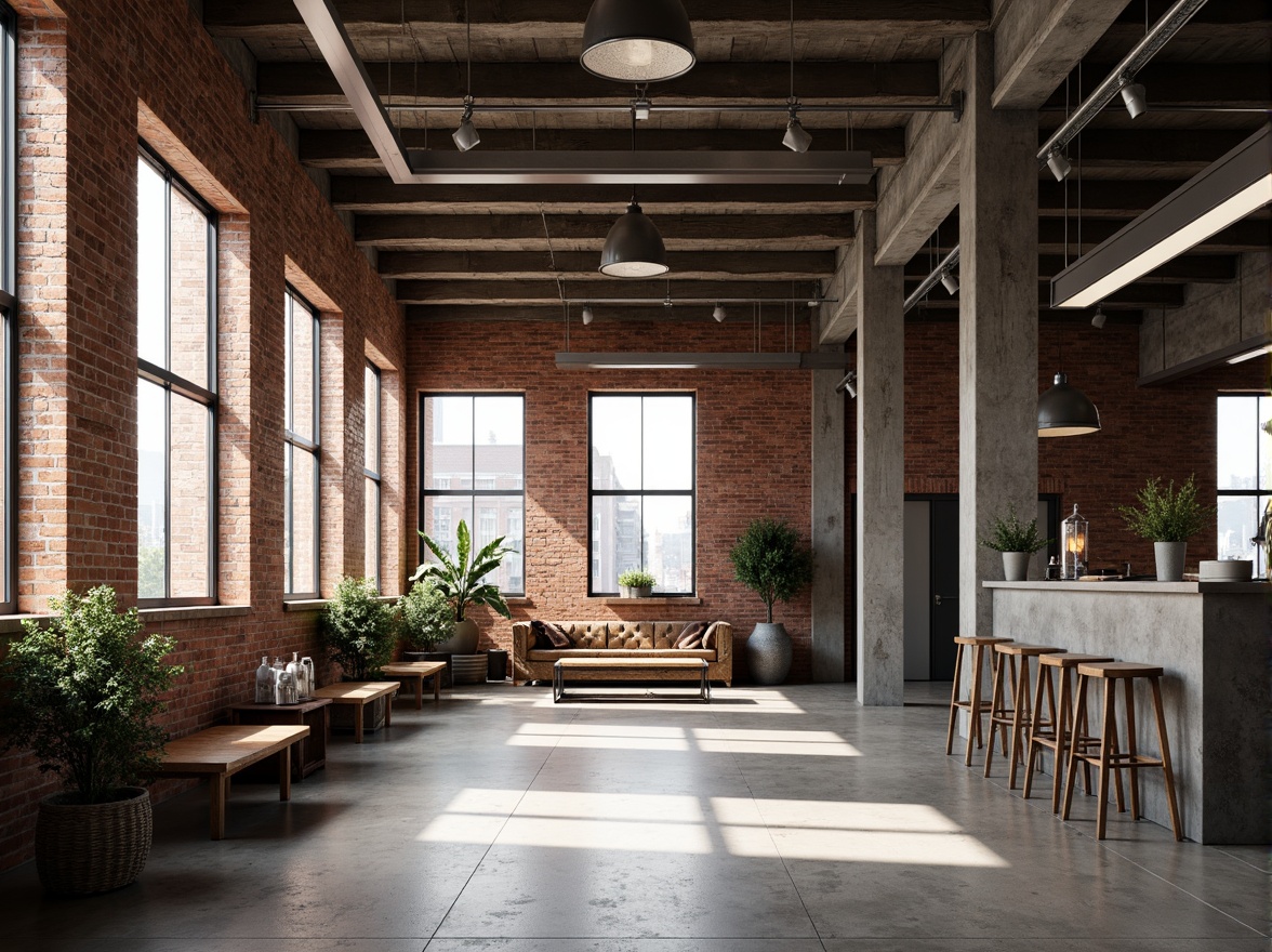 Prompt: Exposed brick walls, metal beams, reclaimed wood accents, industrial-style lighting fixtures, concrete floors, urban cityscape, converted warehouse, modern minimalist decor, functional simplicity, neutral color palette, distressed textures, vintage machinery, eclectic decorative elements, open floor plan, high ceilings, natural light pouring in, dramatic shadows, 3/4 composition, shallow depth of field, realistic renderings.