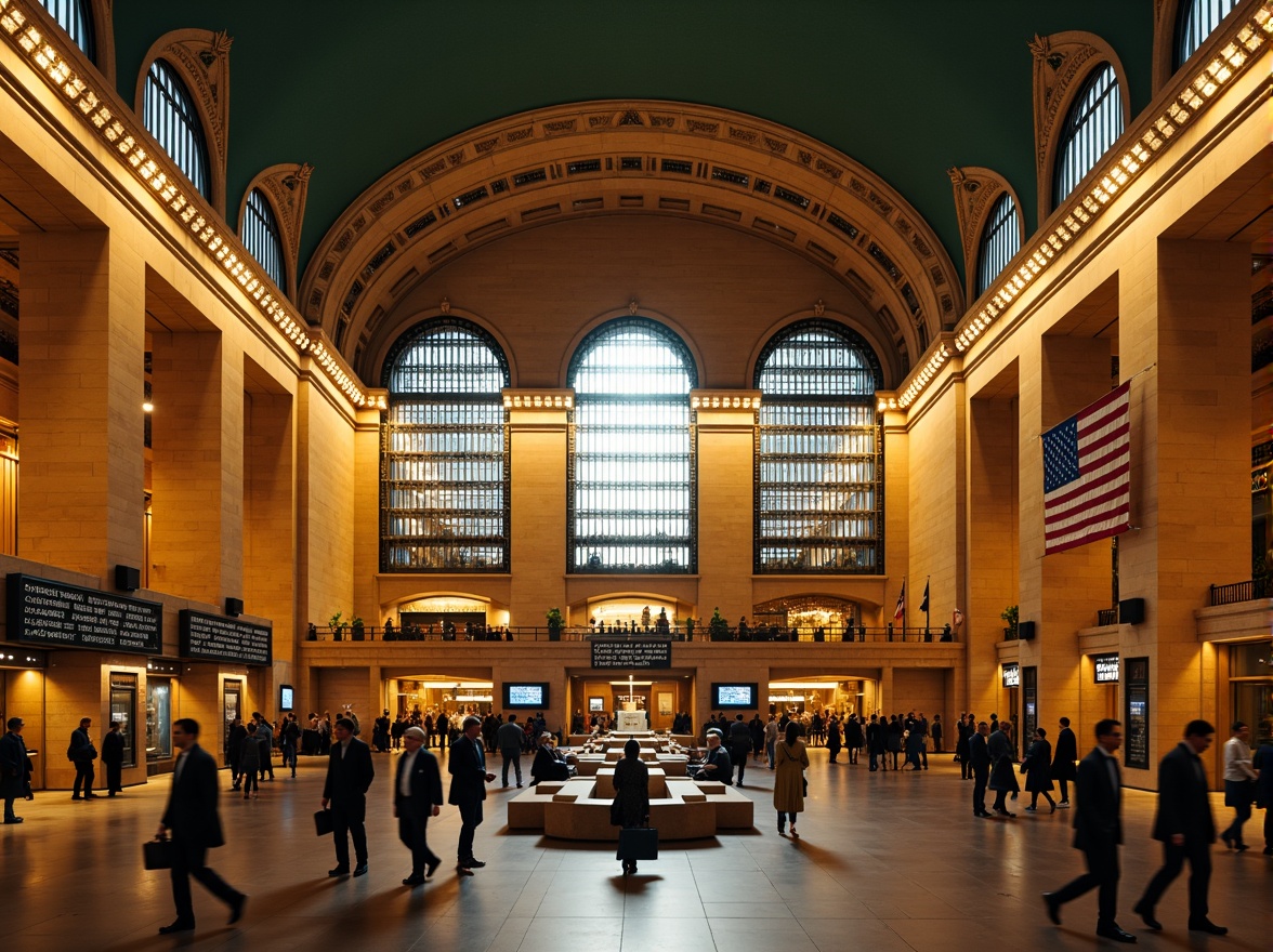 Prompt: Grand central station, ornate metalwork, intricate stonework, vaulted ceilings, majestic archways, elegant chandeliers, refined wooden accents, luxurious textiles, sophisticated signage, bustling atmosphere, morning rush hour, warm golden lighting, shallow depth of field, 1/2 composition, symmetrical framing, realistic reflections, ambient occlusion.