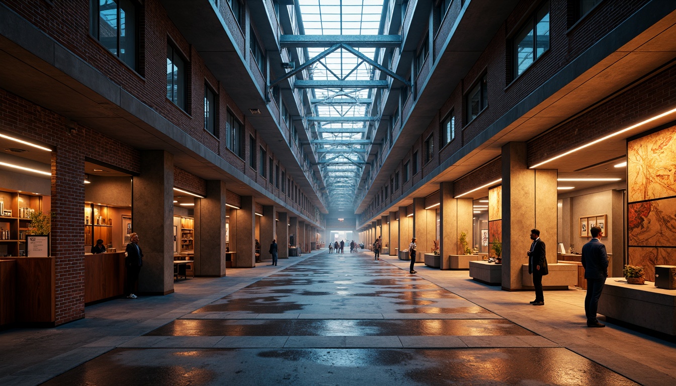 Prompt: Industrial warehouse, exposed brick walls, metallic beams, futuristic neon lights, sleek glass facades, angular lines, minimalist design, urban cityscape, misty evening atmosphere, warm golden lighting, shallow depth of field, 1/1 composition, realistic textures, ambient occlusion, cyberpunk-inspired details, vibrant colorful accents, intricate mechanical motifs, distressed concrete surfaces, rusty metal accents, atmospheric fog effects.