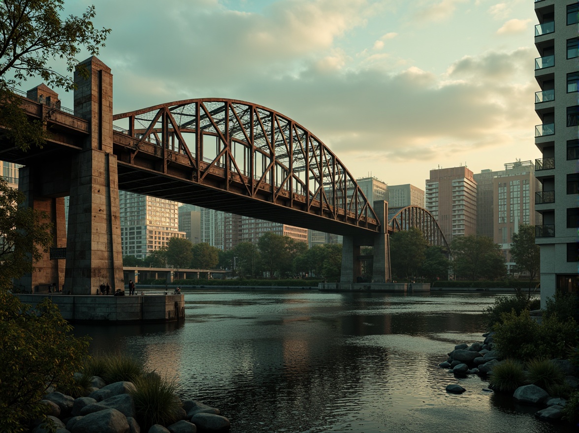 Prompt: Rustic steel bridges, industrial-era aesthetic, weathered metal textures, earthy tones, muted greens, blues and grays, warm golden lighting, misty atmospheric effects, dramatic shadows, 3/4 composition, cinematic view, realistic reflections, ambient occlusion, urban cityscape, riverbank setting, lush vegetation, natural stone piers, modern architectural elements, sleek cable systems.