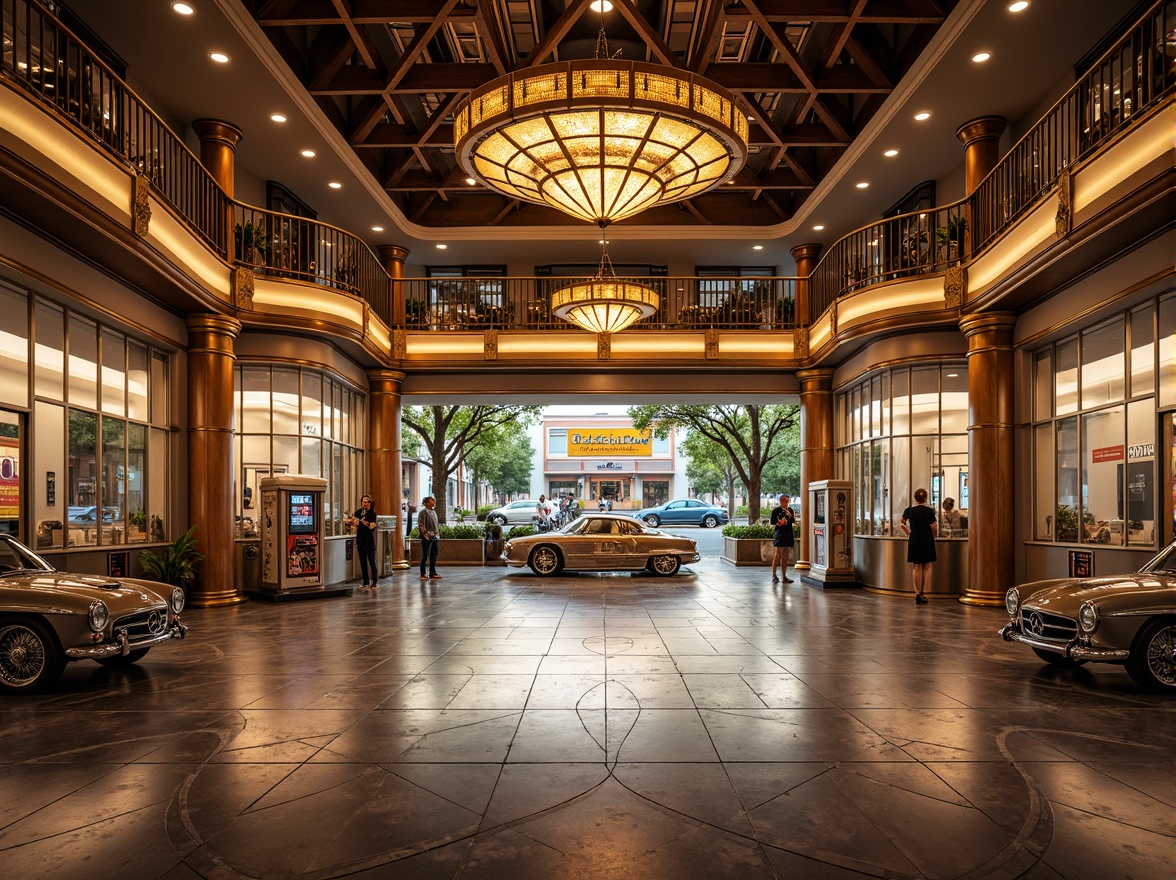 Prompt: Luxurious gas station, ornate metalwork, polished chrome accents, geometric patterned tiles, rich marble floors, lavish chandeliers, curved lines, metallic sheen, vintage car displays, retro-futuristic ambiance, warm golden lighting, shallow depth of field, 1/1 composition, symmetrical framing, high-contrast colors, intricate moldings, ornamental typography, opulent decorations, nostalgic atmosphere.