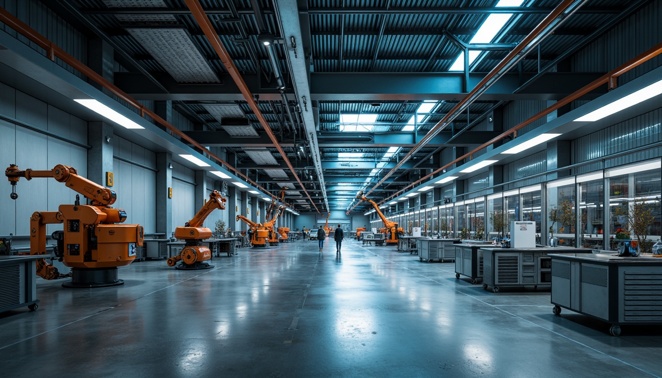 Prompt: Futuristic warehouse interior, exposed ductwork, metallic beams, polished concrete floors, neon-lit catwalks, suspended LED lights, industrial-style lamps, high-ceilinged spaces, automated storage systems, robotic arms, sleek metal shelving, minimalist decor, ambient occlusion, softbox lighting, 1/1 composition, shallow depth of field, realistic textures.