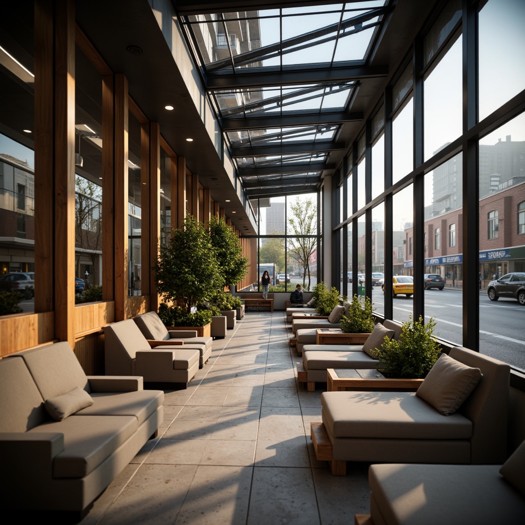 Prompt: Cozy bus station lounge, comfortable seating areas, soft cushioned chairs, wooden benches, warm lighting, natural stone flooring, modern architecture, large windows, glass roofs, urban cityscape, busy streets, morning commute, rush hour atmosphere, shallow depth of field, 1/1 composition, realistic textures, ambient occlusion.