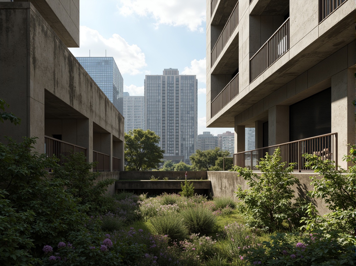 Prompt: Rugged brutalist buildings, raw concrete textures, fortress-like structures, overgrown vegetation, wildflowers, moss-covered walls, weathered steel beams, industrial materials, urban landscape integration, cityscape views, elevated walkways, cantilevered sections, dramatic shadows, harsh natural light, 1/1 composition, symmetrical framing, high-contrast lighting, gritty realistic textures, ambient occlusion.