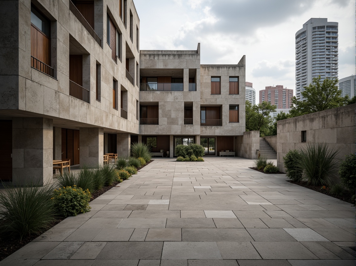 Prompt: Rough-hewn concrete walls, rugged stone facades, brutalist community center, angular geometric shapes, fortress-like structures, raw industrial materials, exposed ductwork, minimalist interior design, functional spaces, natural light pouring in, urban cityscape backdrop, overcast skies, dramatic shadows, high-contrast lighting, 1/1 composition, symmetrical framing, gritty realistic textures, ambient occlusion.