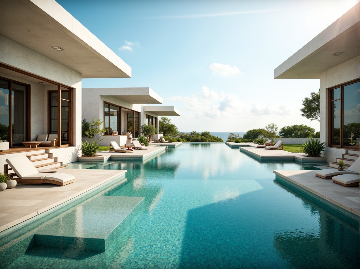 Prompt: Symmetrical pool shape, angular lines, modern minimalist design, sleek concrete surfaces, turquoise water, geometric patterned tiles, stepped platforms, cantilevered decks, infinity edge, sunny day, soft warm lighting, shallow depth of field, 3/4 composition, panoramic view, realistic textures, ambient occlusion.