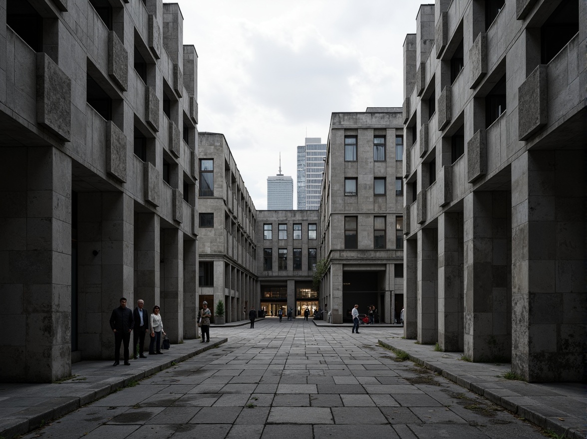 Prompt: Rough-hewn concrete walls, rugged stone textures, brutalist architecture, fortress-like structures, imposing monumental scale, dramatic shadows, harsh geometric lines, industrial materials, exposed ductwork, raw unfinished surfaces, urban cityscape, overcast sky, moody atmospheric lighting, high-contrast photography, 1/2 composition, symmetrical framing, gritty realistic render.