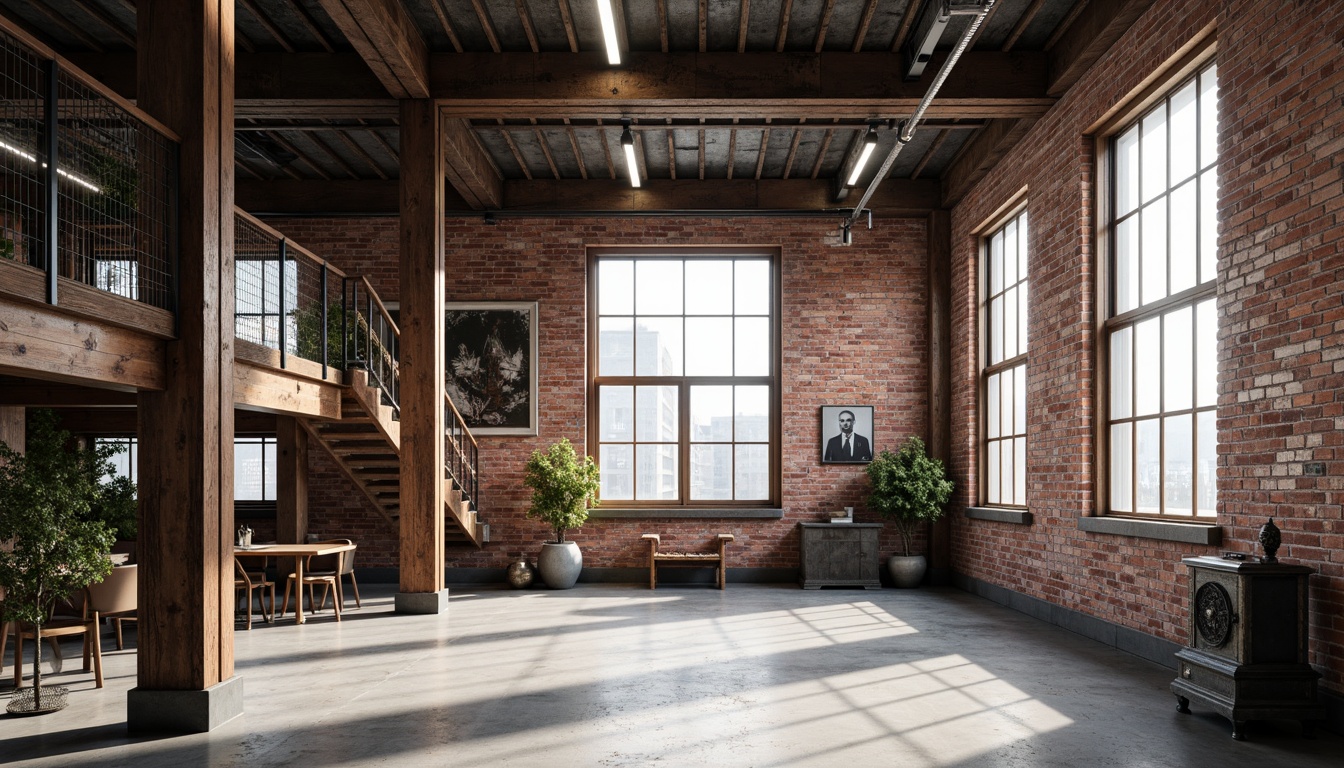 Prompt: Exposed brick walls, metal beams, reclaimed wood accents, industrial-style lighting fixtures, concrete floors, urban cityscape, converted warehouse, modern minimalist decor, functional simplicity, neutral color palette, distressed textures, vintage machinery, eclectic decorative elements, open floor plan, high ceilings, natural light pouring in, dramatic shadows, 3/4 composition, shallow depth of field, realistic renderings.