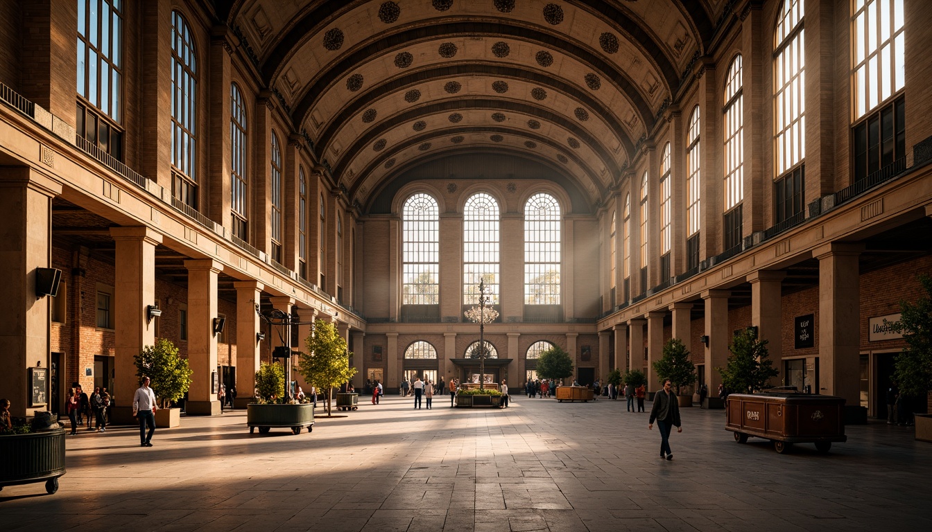 Prompt: Grand train station, Romanesque archways, ornate stone carvings, vaulted ceilings, large stained glass windows, intricate ironwork, rustic brick walls, majestic columns, grand staircases, ornamental railings, vintage luggage carts, old-fashioned clock towers, warm golden lighting, shallow depth of field, 1/1 composition, symmetrical framing, realistic textures, ambient occlusion.