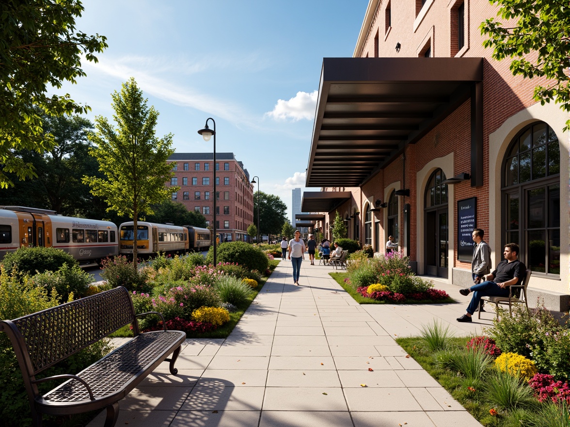 Prompt: Vibrant train station, eclectic landscaping, mixed botanicals, lush greenery, colorful flowers, ornate metal benches, intricate stonework, vintage lamp posts, industrial-chic signage, distressed brick walls, modern glass canopies, grand entrance archways, bustling urban atmosphere, warm sunny day, soft natural lighting, shallow depth of field, 1/2 composition, realistic textures, ambient occlusion.