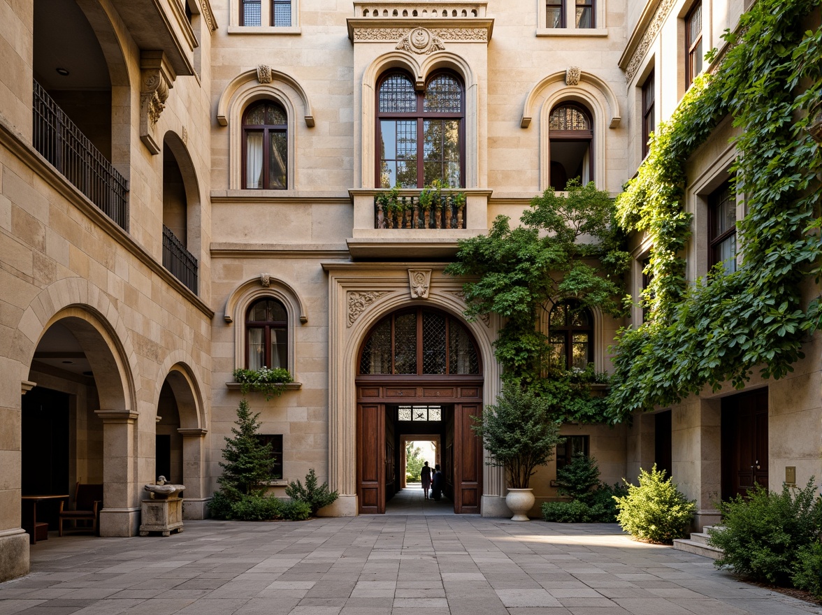 Prompt: Rustic university building, Romanesque style architecture, ornate stone carvings, arched windows, grand entranceways, heavy wooden doors, intricate ironwork, weathered stone walls, lush green ivy, vibrant flower boxes, decorative cornices, classical columns, warm beige stonework, soft afternoon lighting, shallow depth of field, 1/2 composition, realistic textures, ambient occlusion.