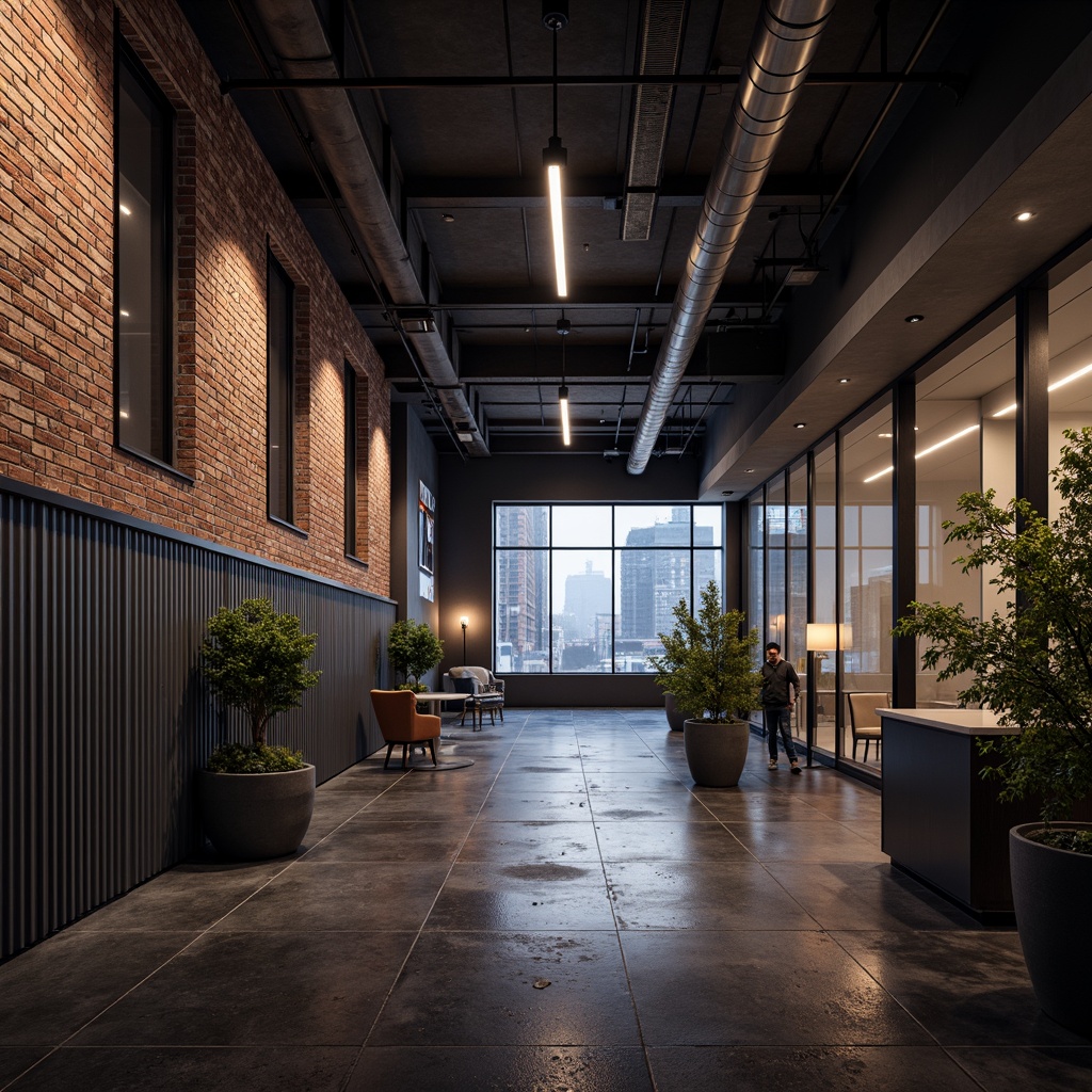 Prompt: Exposed brick walls, distressed concrete floors, metallic beams, industrial pipes, reclaimed wood accents, corrugated metal cladding, neon-lit signage, futuristic LED lighting, minimalist decor, urban cityscape views, foggy atmosphere, cinematic low-key lighting, shallow depth of field, 2/3 composition, realistic reflections, ambient occlusion.