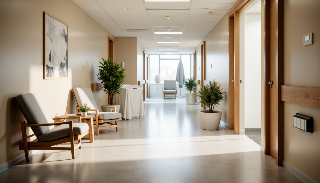 Prompt: Clean hospital corridors, minimalist decor, neutral color palette, natural light, sleek metal handrails, wooden accents, simple furniture, comfortable patient rooms, soft cushioned chairs, calm atmosphere, subtle textures, ambient lighting, shallow depth of field, 1/1 composition, realistic render, modern medical equipment, stainless steel surfaces, sterile environments, peaceful waiting areas, green plants, warm beige tones, gentle color transitions.