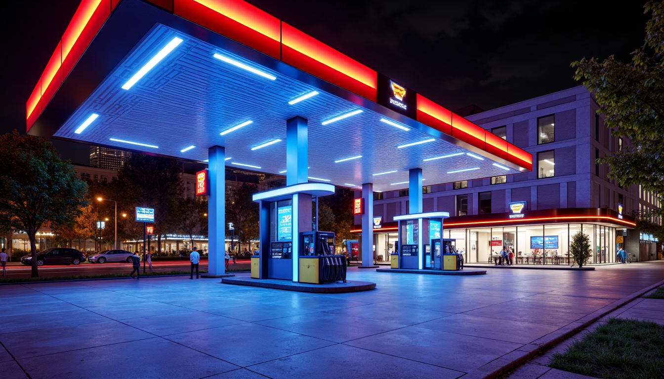 Prompt: Vibrant gas station, bold color scheme, bright LED lights, neon signs, modern fuel pumps, sleek metal canopies, glossy paint finishes, reflective glass surfaces, angular lines, dynamic shapes, urban cityscape, busy streets, rush hour atmosphere, warm sunny day, shallow depth of field, 1/1 composition, realistic textures, ambient occlusion.