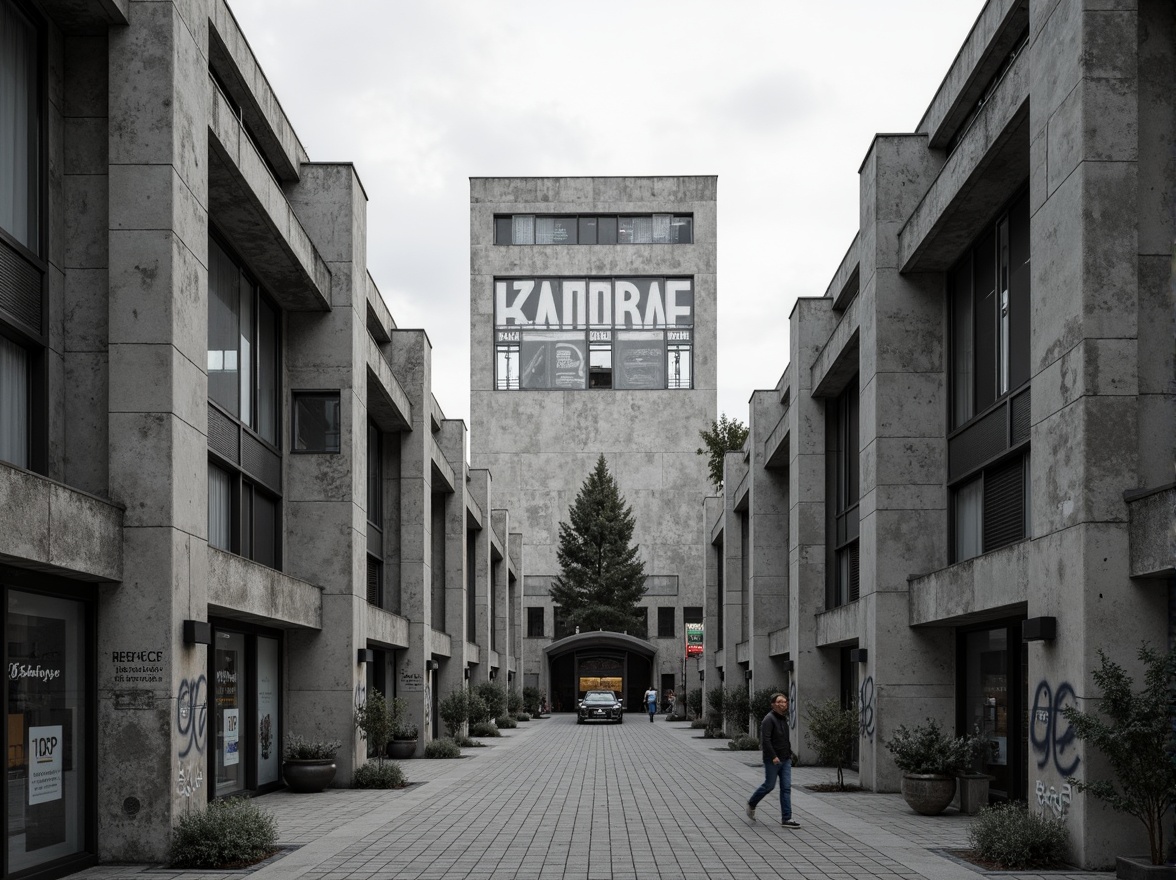 Prompt: Gainsboro-inspired brutalist architecture, monochromatic color scheme, weathered concrete textures, rugged stone walls, industrial metal accents, minimalist ornamentation, functional simplicity, urban cityscape, overcast sky, dramatic shadows, high-contrast lighting, 1/1 composition, symmetrical framing, bold geometric forms, raw materiality, distressed finishes, brutalist typography, abstract graffiti, moody atmospheric effects.