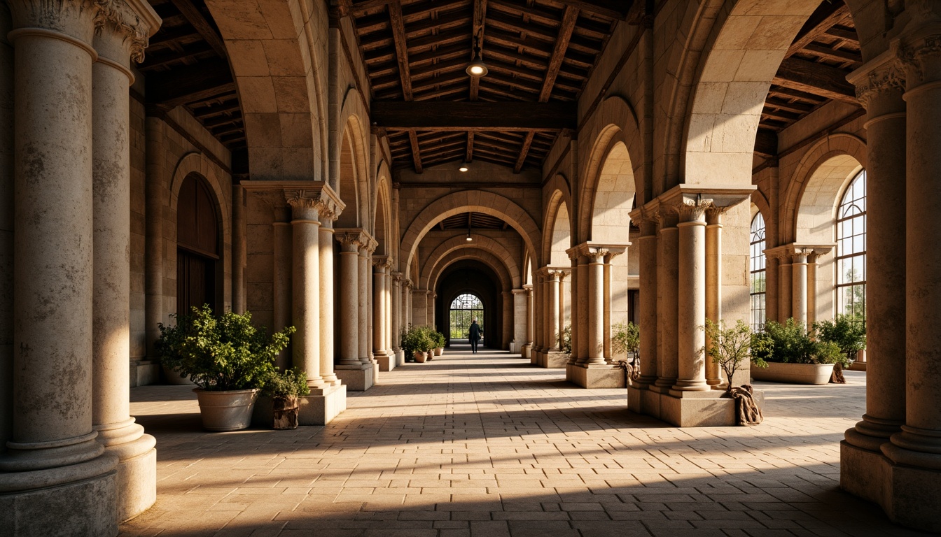 Prompt: Ancient stone columns, ornate capitals, rustic arches, weathered stonework, intricate carvings, grand entranceways, majestic vaulted ceilings, stained glass windows, warm golden lighting, soft focus, shallow depth of field, 1/2 composition, symmetrical framing, rich textures, ambient occlusion, historic landmarks, medieval-inspired architecture, ornamental details, classical proportions, earthy color palette.