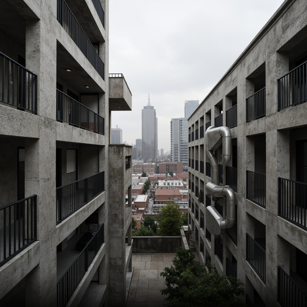 Prompt: Exposed concrete walls, rugged textures, industrial pipes, raw steel beams, minimalist balconies, brutalist architecture, urban cityscape, gloomy overcast sky, dramatic shadows, high-contrast lighting, bold geometric forms, functional simplicity, distressed finishes, poured-in-place concrete, cold monochromatic color palette, 1/1 composition, low-angle shot, cinematic atmosphere, gritty realistic textures.