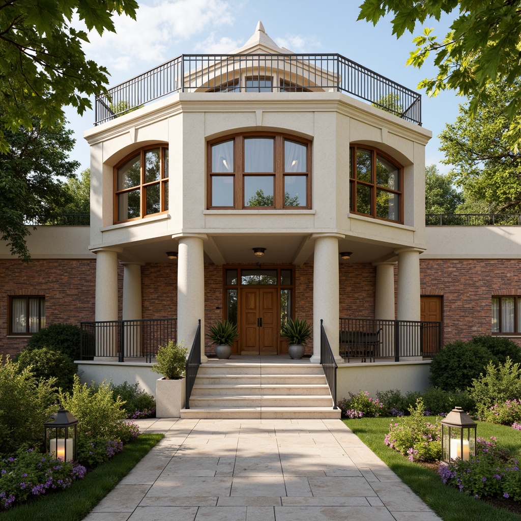 Prompt: Elegant pavilion, academic architectural style, cream-colored stone cladding, rustic brick walls, ornate wooden doors, stained glass windows, intricate metal railings, lush greenery, blooming flowers, natural stone pathways, modern lanterns, warm soft lighting, shallow depth of field, 3/4 composition, panoramic view, realistic textures, ambient occlusion.