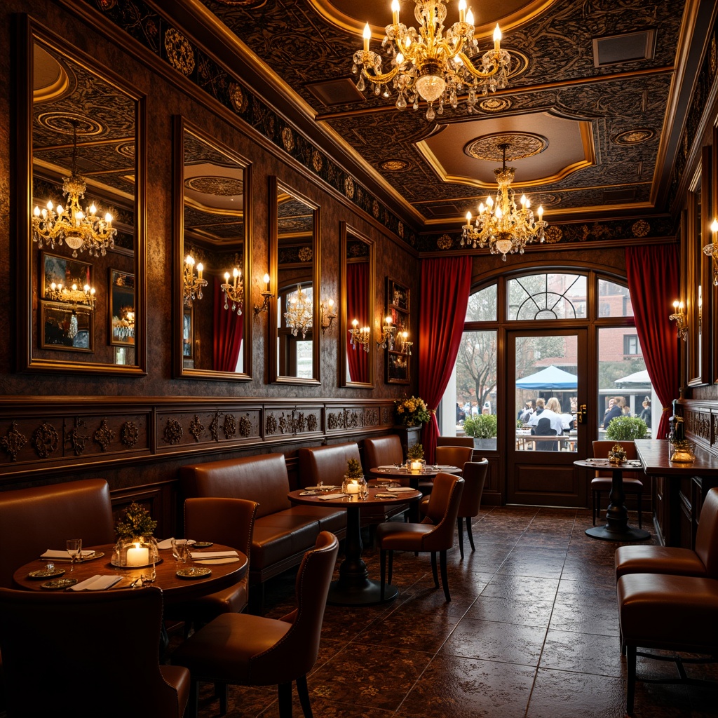 Prompt: Richly ornamented pub interior, lavish golden accents, intricately carved wooden panels, ornate mirrors, crystal chandeliers, velvet drapes, luxurious fabrics, gilded frames, antique furniture, curved lines, opulent textures, warm candlelight, soft focus, shallow depth of field, 1/2 composition, dramatic lighting, realistic reflections, ambient occlusion.