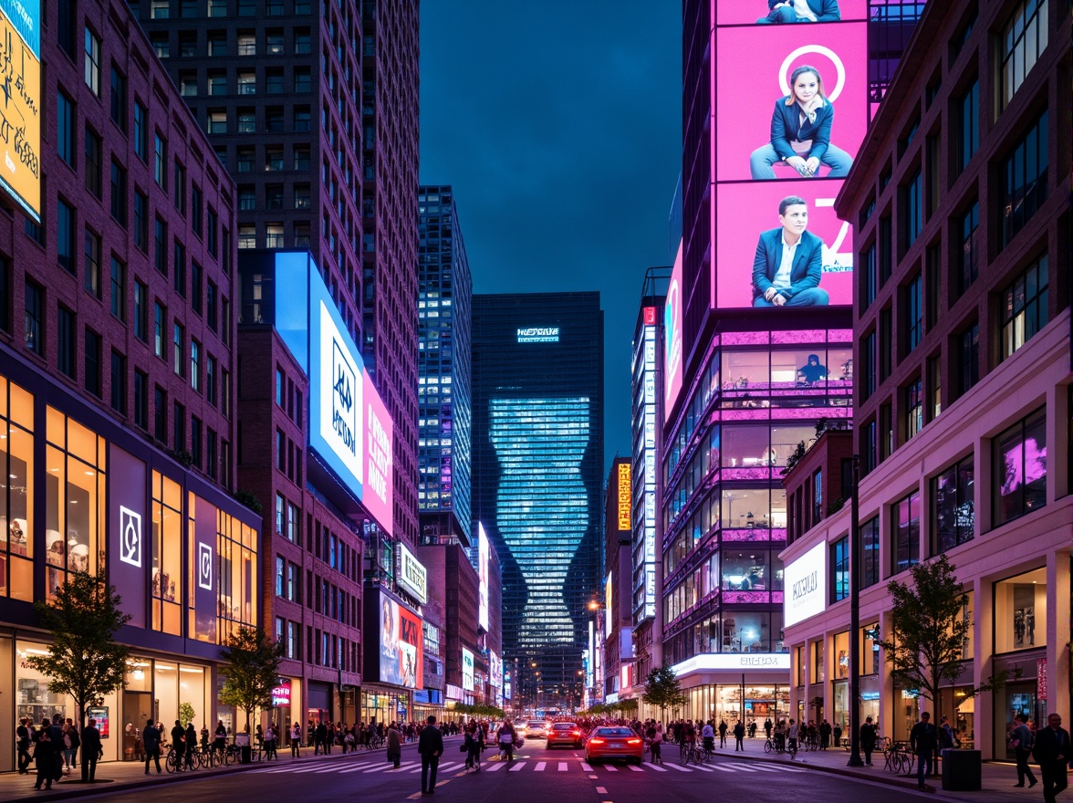 Prompt: Vibrant cityscape, neon lights, bold color contrasts, futuristic skyscrapers, reflective glass facades, dynamic LED displays, urban energy, bustling streets, pedestrian traffic, modern architecture, geometric shapes, abstract patterns, 3D visual effects, high-contrast lighting, dramatic shadows, cinematic composition, wide-angle lens, fast shutter speed, shallow depth of field.