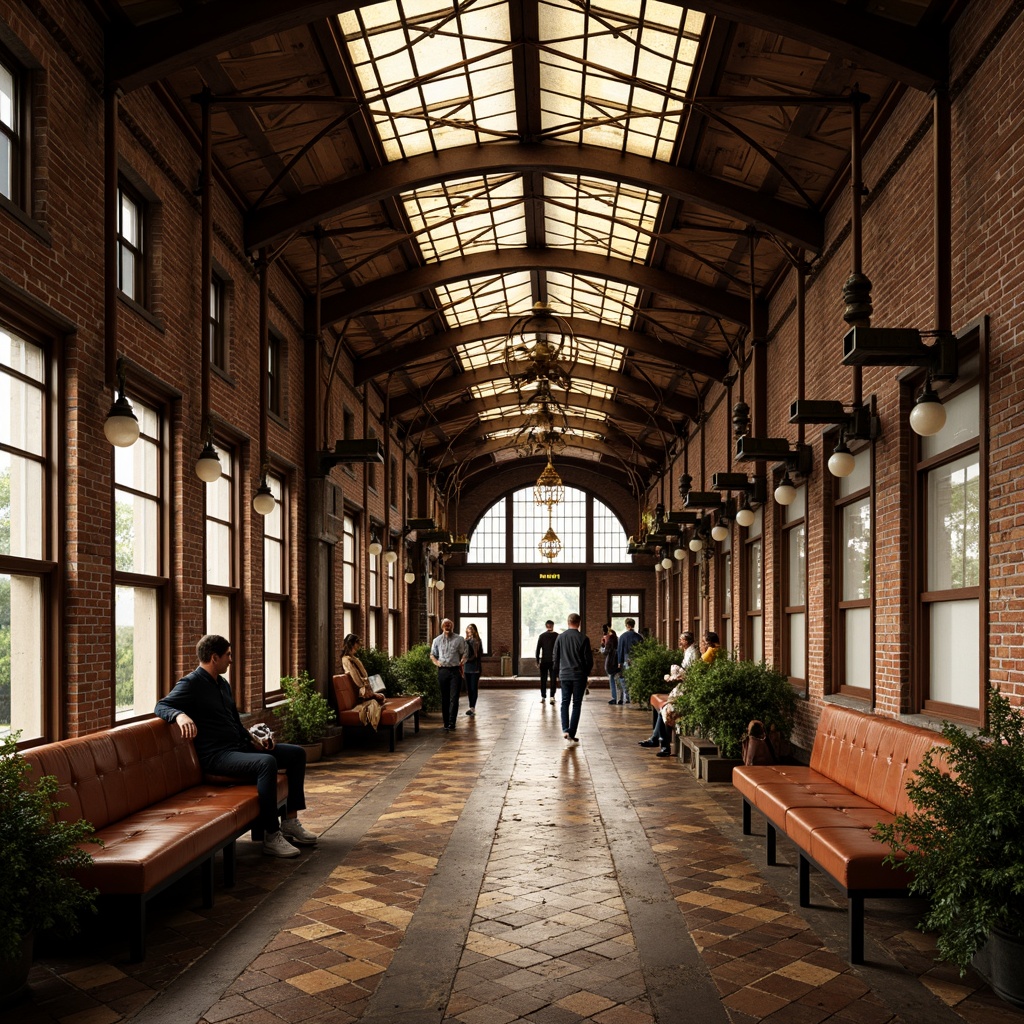 Prompt: Vintage train station, eclectic mix of materials, exposed brick walls, rusty metal beams, reclaimed wood accents, ornate ironwork, stained glass ceilings, intricate tile mosaics, distressed leather benches, antique luggage racks, industrial-style lighting fixtures, warm golden lighting, shallow depth of field, 1/1 composition, realistic textures, ambient occlusion.