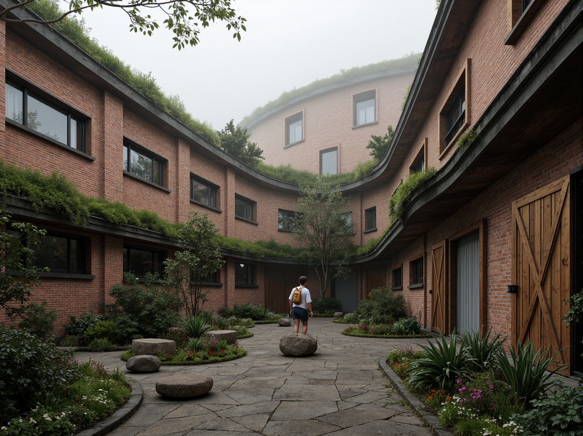 Prompt: Curved warehouse facade, exposed brick walls, industrial metal beams, reclaimed wood accents, organic blob-like structures, undulating rooflines, natural ventilation systems, earthy color palette, moss-covered walls, lush green roofs, soft diffused lighting, atmospheric fog effects, shallow depth of field, 1/1 composition, cinematic camera angles, realistic material textures, ambient occlusion.