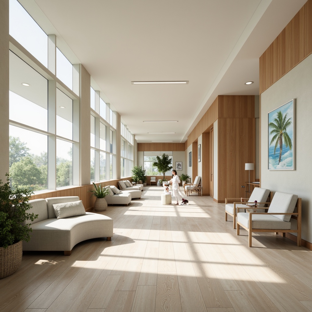 Prompt: Calming healthcare facility, soothing color scheme, gentle pastel hues, creamy whites, warm beige tones, soft blues, pale greens, natural wood accents, comfortable seating areas, peaceful waiting rooms, calming artwork, serene lighting, subtle texture contrasts, 1/2 composition, shallow depth of field, realistic renderings, ambient occlusion.