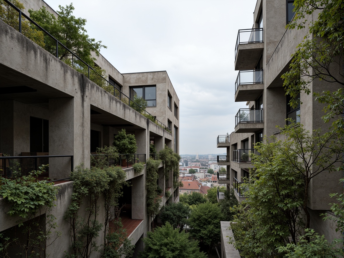 Prompt: Rugged brutalist buildings, raw concrete textures, fortress-like structures, overgrown vegetation, wildflowers, moss-covered walls, weathered steel beams, industrial materials, urban landscape integration, cityscape views, elevated walkways, cantilevered sections, dramatic shadows, harsh natural light, 1/1 composition, symmetrical framing, high-contrast colors, gritty realistic textures, ambient occlusion.