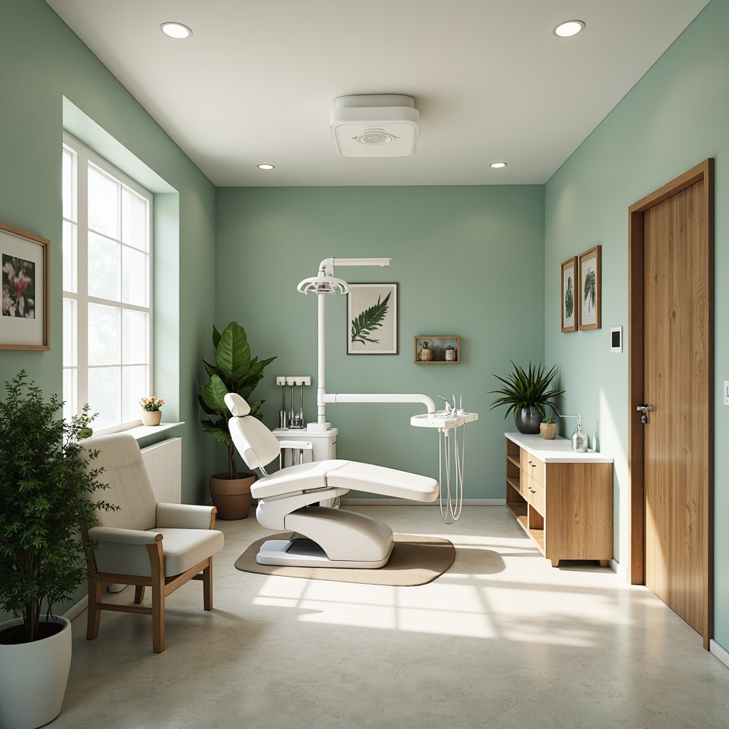 Prompt: Calming dental clinic, soothing blue-green color scheme, creamy whites, warm beige tones, natural wood accents, gentle curves, minimalist decor, modern medical equipment, sleek stainless steel surfaces, comfortable waiting area, lush green plants, soft overhead lighting, shallow depth of field, 1/1 composition, realistic textures, ambient occlusion.