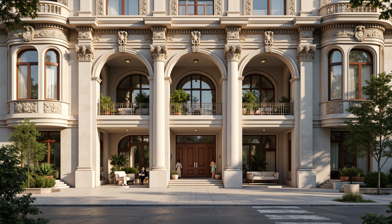 Prompt: Grandiose building facade, ornate columns, intricately carved details, symmetrical composition, classical proportions, limestone or marble materials, subtle color palette, soft natural light, warm afternoon ambiance, shallow depth of field, 2/3 composition, realistic textures, ambient occlusion, ornamental balustrades, decorative friezes, sculpted pediments, grand entranceways, sweeping staircases, elegant archways, refined moldings, luxurious ornamentation.