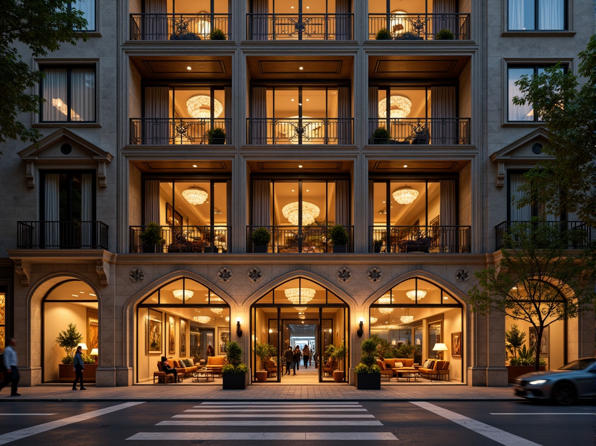 Prompt: Grand hotel entrance, ornate columns, symmetrical facade, rusticated base, arched windows, balconies with intricate metalwork, neoclassical details, luxurious materials, marble floors, crystal chandeliers, opulent furnishings, lavish decor, warm golden lighting, shallow depth of field, 1/1 composition, realistic textures, ambient occlusion, urban cityscape, busy streets, vibrant nightlife, evening atmosphere.