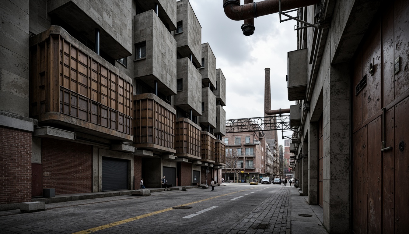 Prompt: Rough concrete walls, exposed ductwork, industrial metal beams, raw brick facades, brutalist fortress-like structures, rugged stone foundations, distressed wood accents, weathered steel surfaces, urban cityscape backdrop, overcast skies, dramatic shadows, high-contrast lighting, cinematic composition, gritty realistic textures, ambient occlusion.