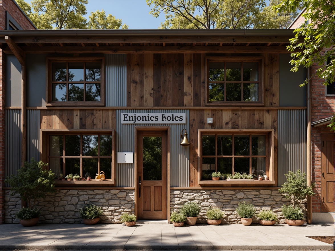 Prompt: Rustic workshop facade, distressed wooden planks, metal cladding, industrial-style windows, exposed brick walls, vintage signage, eclectic architectural details, warm earthy tones, natural stone foundations, overhanging roofs, asymmetrical composition, dramatic shadows, soft diffused lighting, 1/2 composition, realistic textures, ambient occlusion.