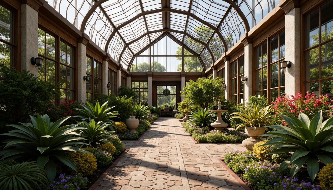 Prompt: Ornate greenhouse, lush tropical plants, exotic flowers, curved glass roofs, ornamental metal frames, natural stone walls, rustic wooden accents, vintage gardening tools, distressed brick pathways, soft warm lighting, shallow depth of field, 1/1 composition, realistic textures, ambient occlusion, innovative materials, recycled glass, low-carbon concrete, sustainable wood, eco-friendly insulation, energy-efficient systems, misting irrigation systems, romantic ambiance, serene atmosphere.