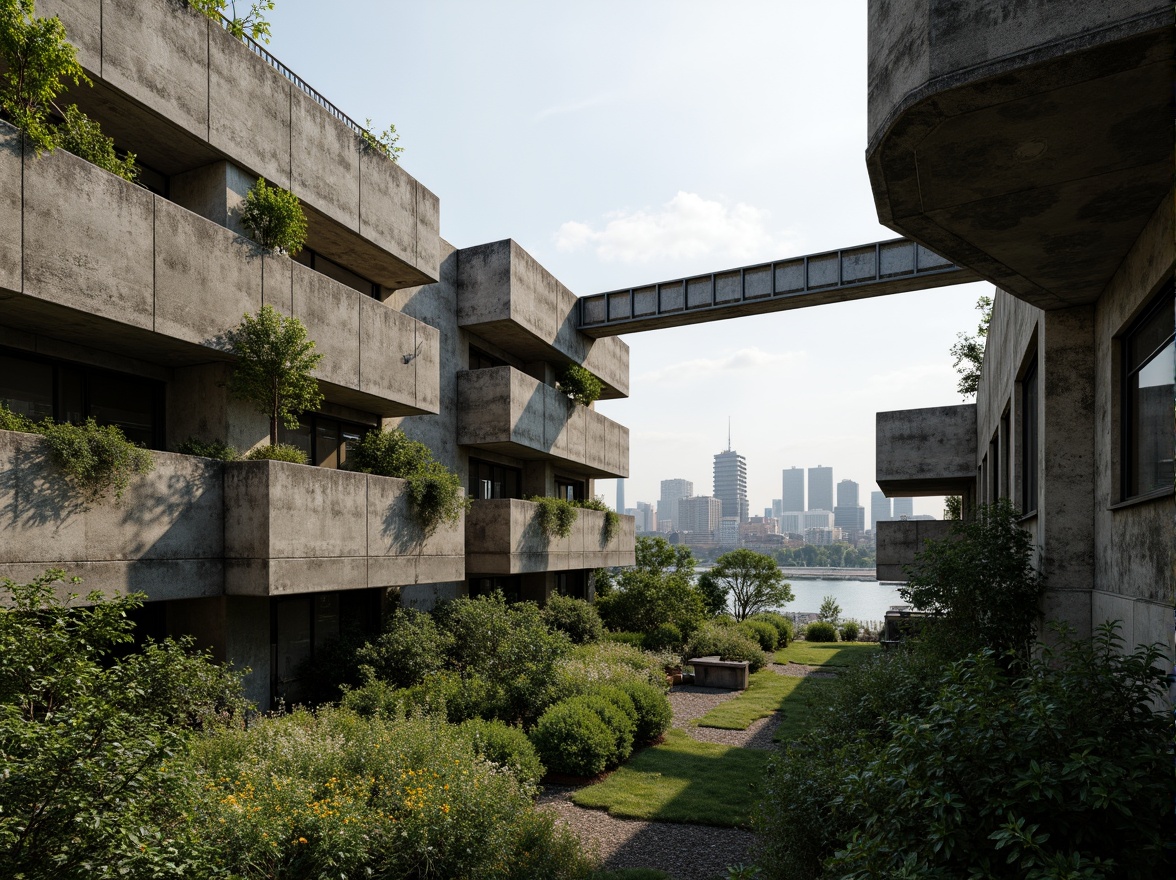 Prompt: Rugged brutalist buildings, raw concrete textures, fortress-like structures, overgrown vegetation, wildflowers, moss-covered walls, weathered steel beams, industrial materials, urban landscape integration, cityscape views, elevated walkways, cantilevered sections, dramatic shadows, harsh natural light, 1/1 composition, symmetrical framing, high-contrast colors, gritty realistic textures, ambient occlusion.