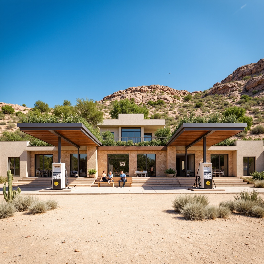 Prompt: Rustic gas station, natural stone walls, green roofs, solar panels, modern fuel pumps, sleek metal canopies, minimalist design, desert landscape, sandy dunes, cactus plants, hot sunny day, clear blue sky, vast open space, integrated seating areas, native plant species, drought-resistant vegetation, permeable pavement, rainwater harvesting systems, eco-friendly materials, subtle branding elements, warm color scheme, shallow depth of field, 3/4 composition, panoramic view, realistic textures, ambient occlusion.