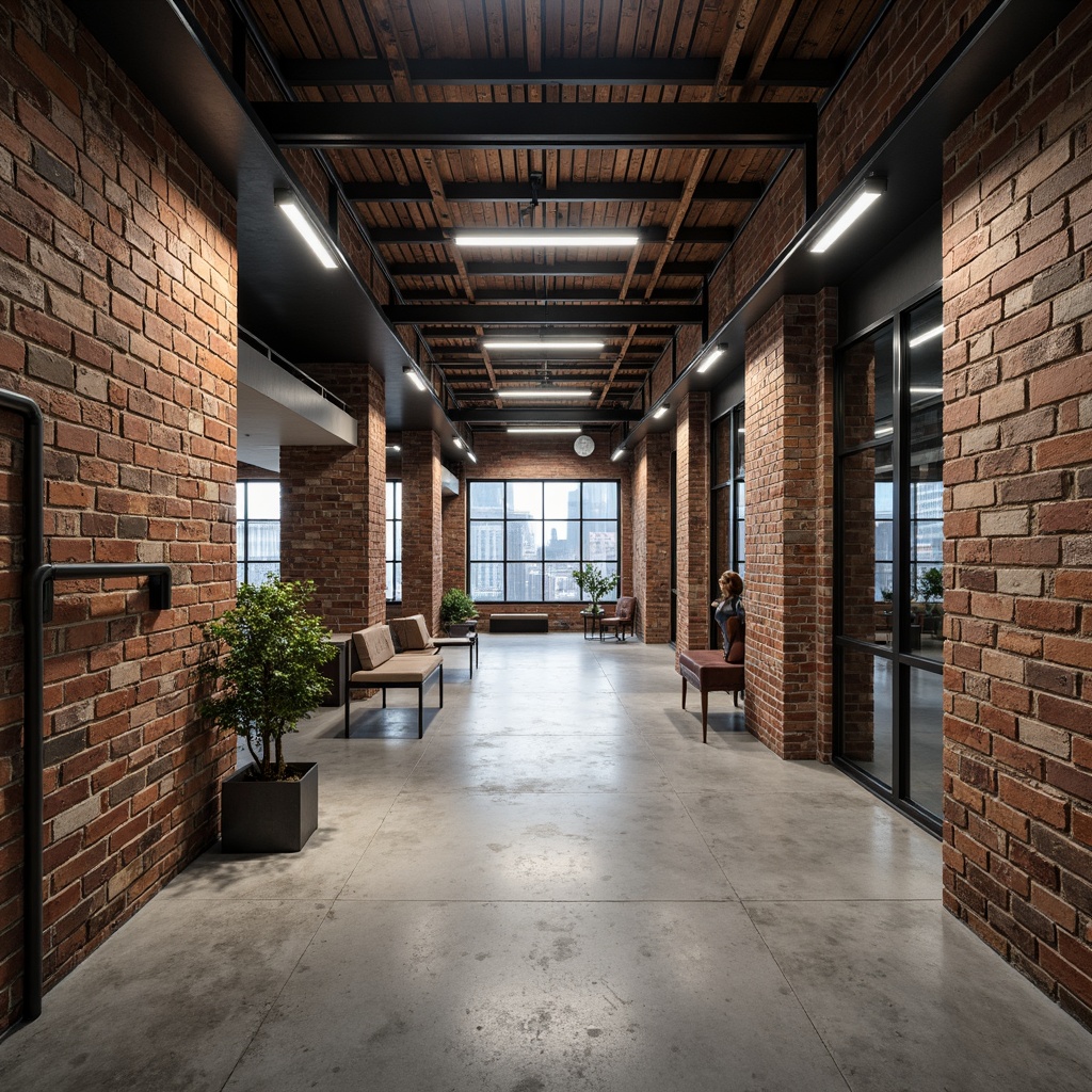 Prompt: Exposed brick walls, metal beams, reclaimed wood accents, industrial-style lighting fixtures, concrete floors, urban cityscape, converted warehouse, modern minimalist decor, functional simplicity, neutral color palette, distressed textures, edgy architectural lines, brutalist structures, functional spaces, open floor plans, natural ventilation systems, abundant natural light, high ceilings, urban loft atmosphere, gritty urban feel, dramatic shadows, low-key lighting, 3/4 composition, realistic materials, ambient occlusion.