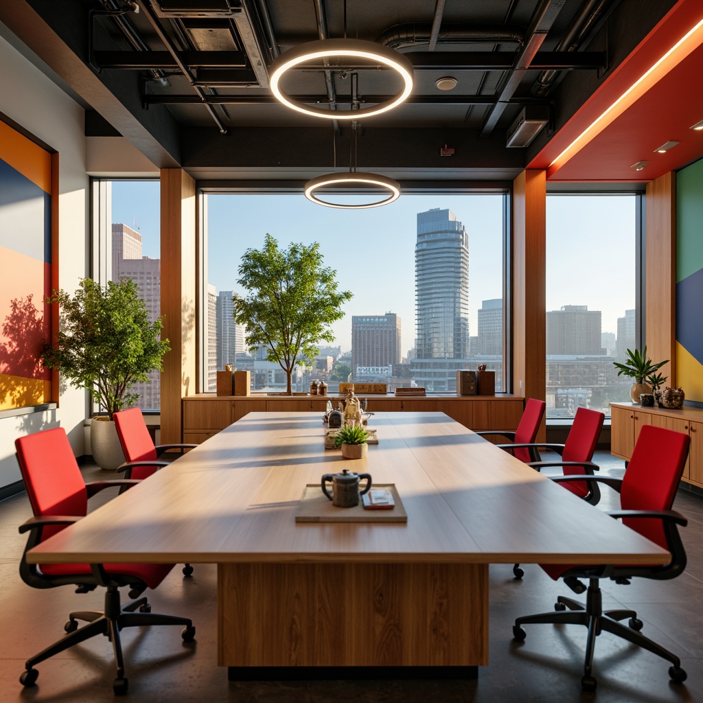 Prompt: Modern conference room, sleek wooden tables, ergonomic chairs, vibrant accent walls, natural light pouring in, floor-to-ceiling windows, minimalist decor, collaborative workspace, flexible seating arrangements, modular furniture, acoustic panels, soft warm lighting, shallow depth of field, 3/4 composition, panoramic view, realistic textures, ambient occlusion.