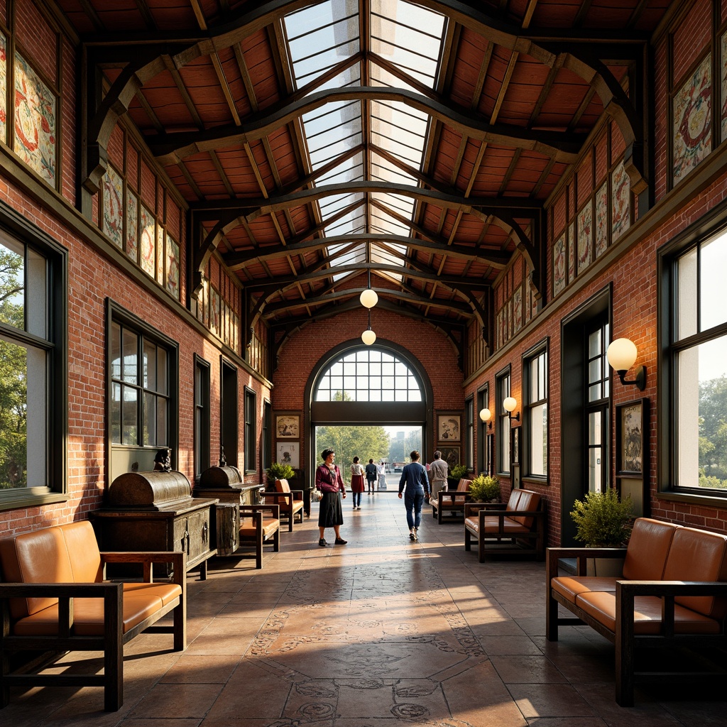 Prompt: Vintage train station, eclectic mix of materials, exposed brick walls, rusty metal beams, reclaimed wood accents, ornate ironwork, stained glass ceilings, intricate tile mosaics, distressed leather benches, antique luggage racks, industrial-style lighting fixtures, warm golden lighting, shallow depth of field, 1/1 composition, realistic textures, ambient occlusion.