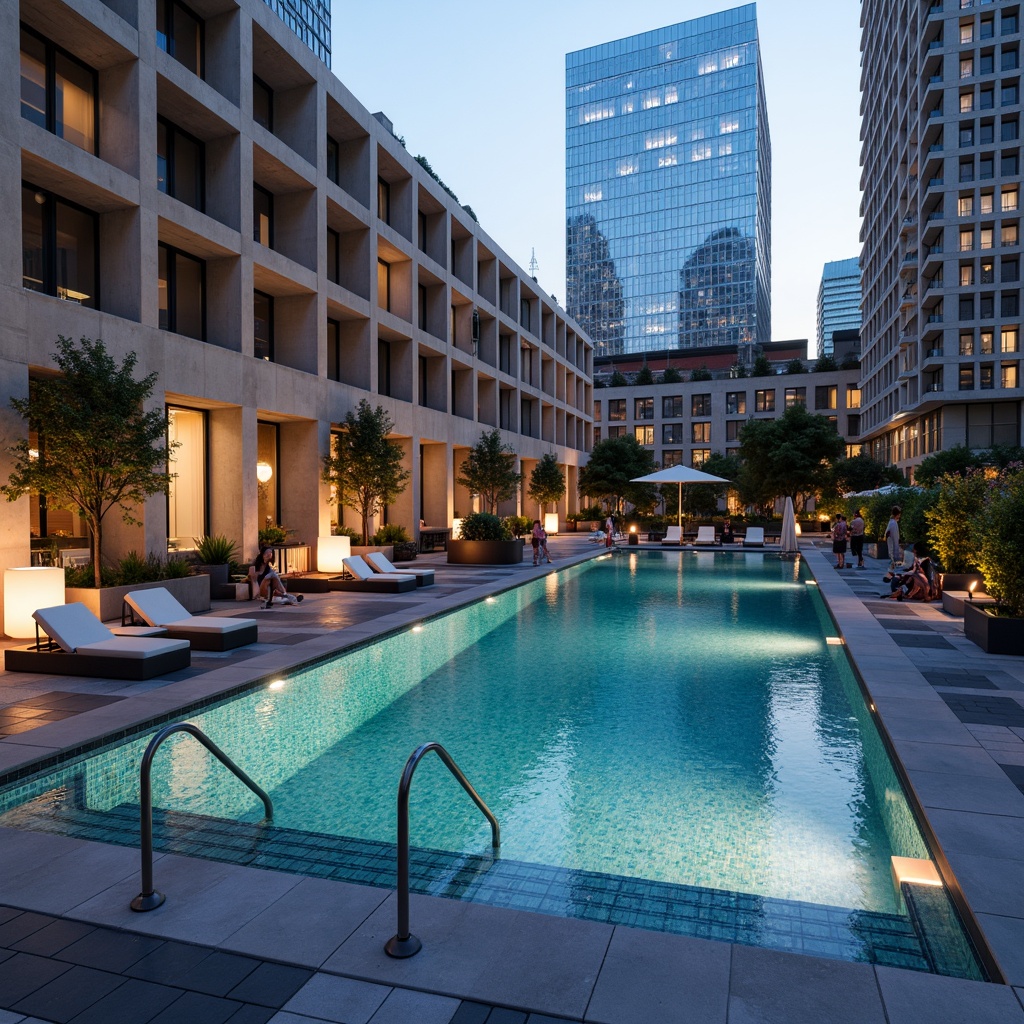 Prompt: Geometric pool shape, fragmented concrete walls, industrial metal ladders, futuristic water features, dynamic LED lighting, abstract sculptures, minimalist lounge chairs, bold color accents, urban rooftop setting, cityscape views, warm summer evening, dramatic shadows, high contrast ratio, 1/1 composition, symmetrical reflection, realistic water simulation.