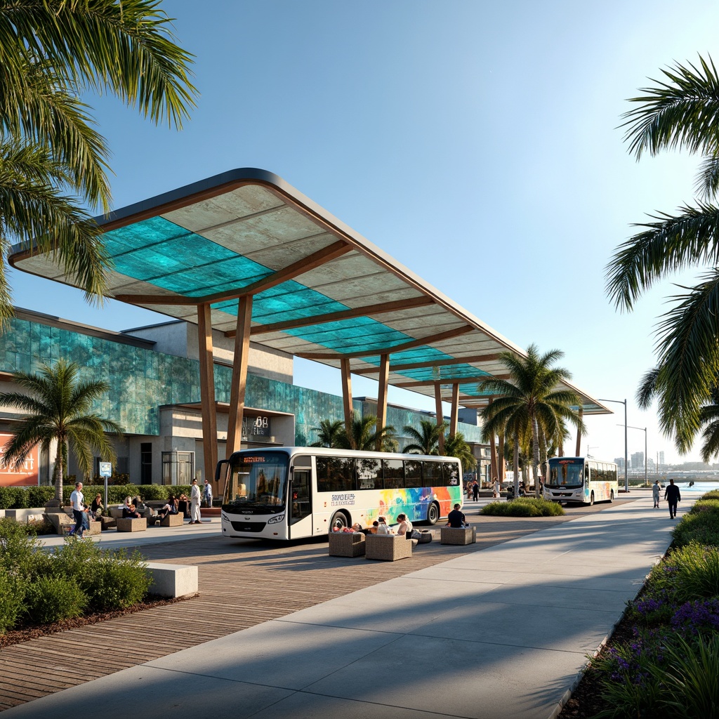 Prompt: Tropical island bus station, curved futuristic facade, iridescent glass panels, ocean-inspired wave patterns, coral reef-like structures, sustainable energy harvesting systems, solar panels, wind turbines, green roofs, eco-friendly materials, vibrant colorful accents, nautical-themed signage, beachy wooden textures, seaside-inspired landscaping, palm trees, sunny day, soft warm lighting, shallow depth of field, 3/4 composition, panoramic view, realistic textures, ambient occlusion.