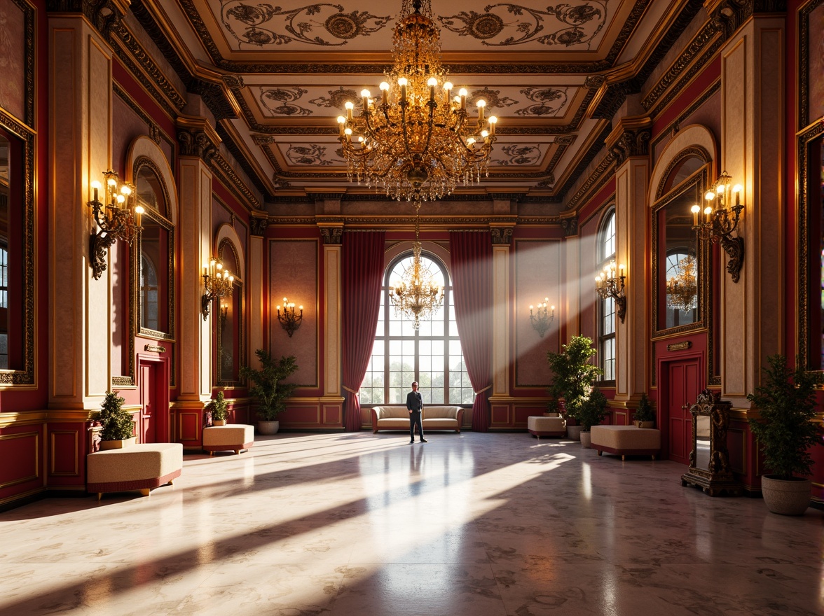 Prompt: Richly ornamented gymnasium, Baroque-inspired architecture, grandiose chandeliers, intricate moldings, lavish furnishings, bold color palette, deep red accents, luxurious gold trimmings, creamy white marble floors, ornate mirrors, dramatic lighting effects, high-contrast shadows, warm atmospheric glow, 1/1 composition, symmetrical framing, realistic textures, ambient occlusion.