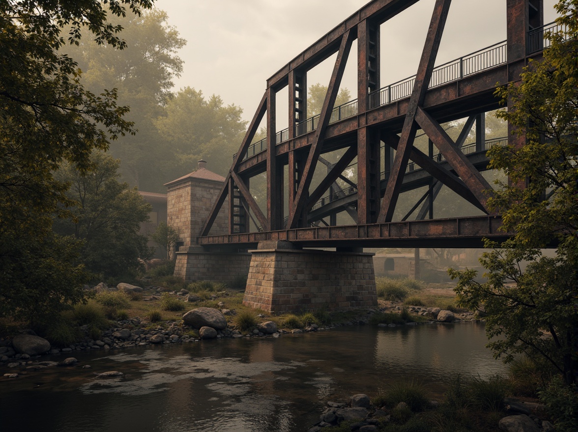 Prompt: Rustic steel bridges, industrial-era aesthetic, weathered metal textures, warm earthy tones, muted blue-grey hues, rich brown wood accents, natural stone foundations, misty atmospheric effects, soft golden lighting, shallow depth of field, 2/3 composition, cinematic view, realistic reflections, ambient occlusion.