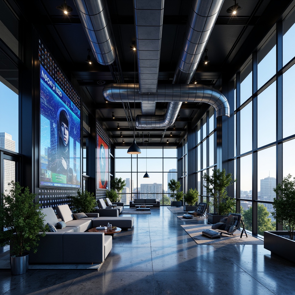 Prompt: Futuristic interior space, high-tech gadgets, sleek metal accents, minimalist decor, neon-lit ambiance, holographic displays, virtual reality zones, ergonomic furniture, adjustable lighting systems, smart home automation, floor-to-ceiling windows, panoramic city views, polished concrete floors, industrial-chic exposed ductwork, avant-garde artwork, 3D-printed decorative elements, ambient occlusion, shallow depth of field, cinematic composition, realistic textures.