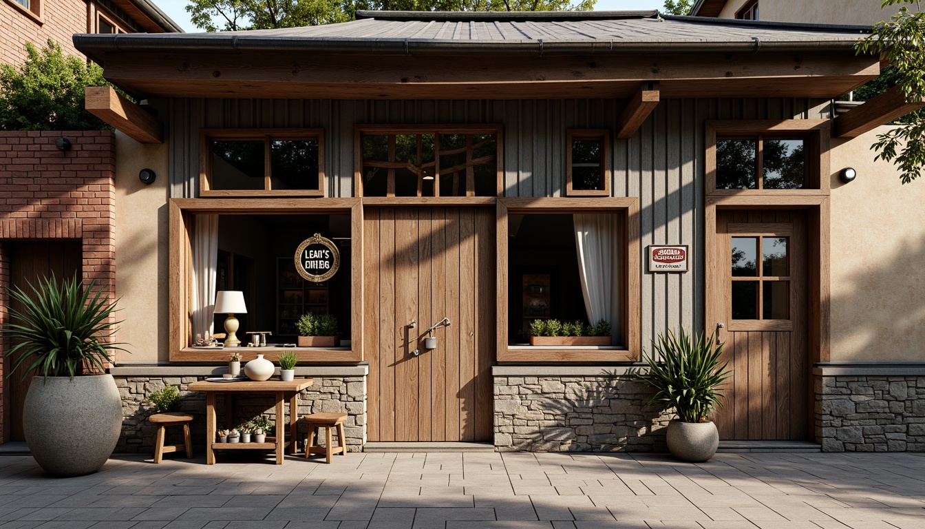 Prompt: Rustic workshop facade, distressed wooden planks, metal cladding, industrial-style windows, exposed brick walls, vintage signage, eclectic architectural details, warm earthy tones, natural stone foundations, overhanging roofs, asymmetrical composition, dramatic shadows, soft diffused lighting, 1/2 composition, realistic textures, ambient occlusion.