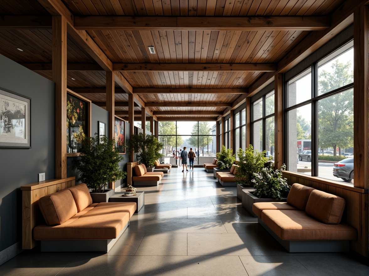 Prompt: Cozy bus station lounge, comfortable seating areas, soft cushioned chairs, wooden benches, warm lighting, natural stone flooring, modern architecture, large windows, glass roofs, urban cityscape, busy streets, morning commute, rush hour atmosphere, shallow depth of field, 1/1 composition, realistic textures, ambient occlusion.