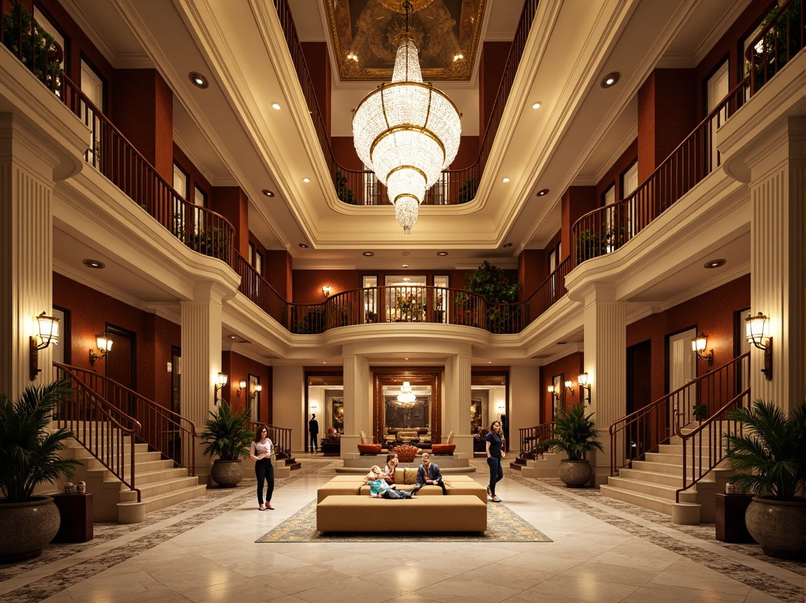 Prompt: Grand hotel lobby, high ceilings, ornate chandeliers, marble floors, symmetrical layout, classical columns, intricate moldings, luxurious furnishings, velvet drapes, golden accents, elegant staircases, spacious ballrooms, crystal chandeliers, refined wood paneling, sophisticated color palette, soft warm lighting, shallow depth of field, 1/1 composition, realistic textures, ambient occlusion.