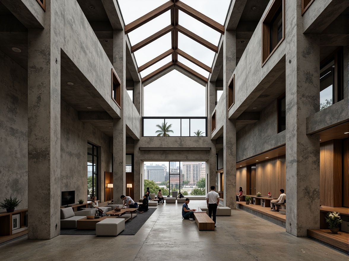 Prompt: Rugged community center, brutalist architecture, raw concrete walls, exposed ductwork, industrial metal beams, natural light pouring in, large skylights, clerestory windows, urban landscape views, gritty cityscape, overcast sky, soft diffused lighting, high contrast shadows, dramatic architectural angles, bold structural elements, minimalist interior design, functional simplicity, communal gathering spaces, reclaimed wood accents, earthy color palette, organic textures, 3/4 composition, cinematic framing, realistic render.