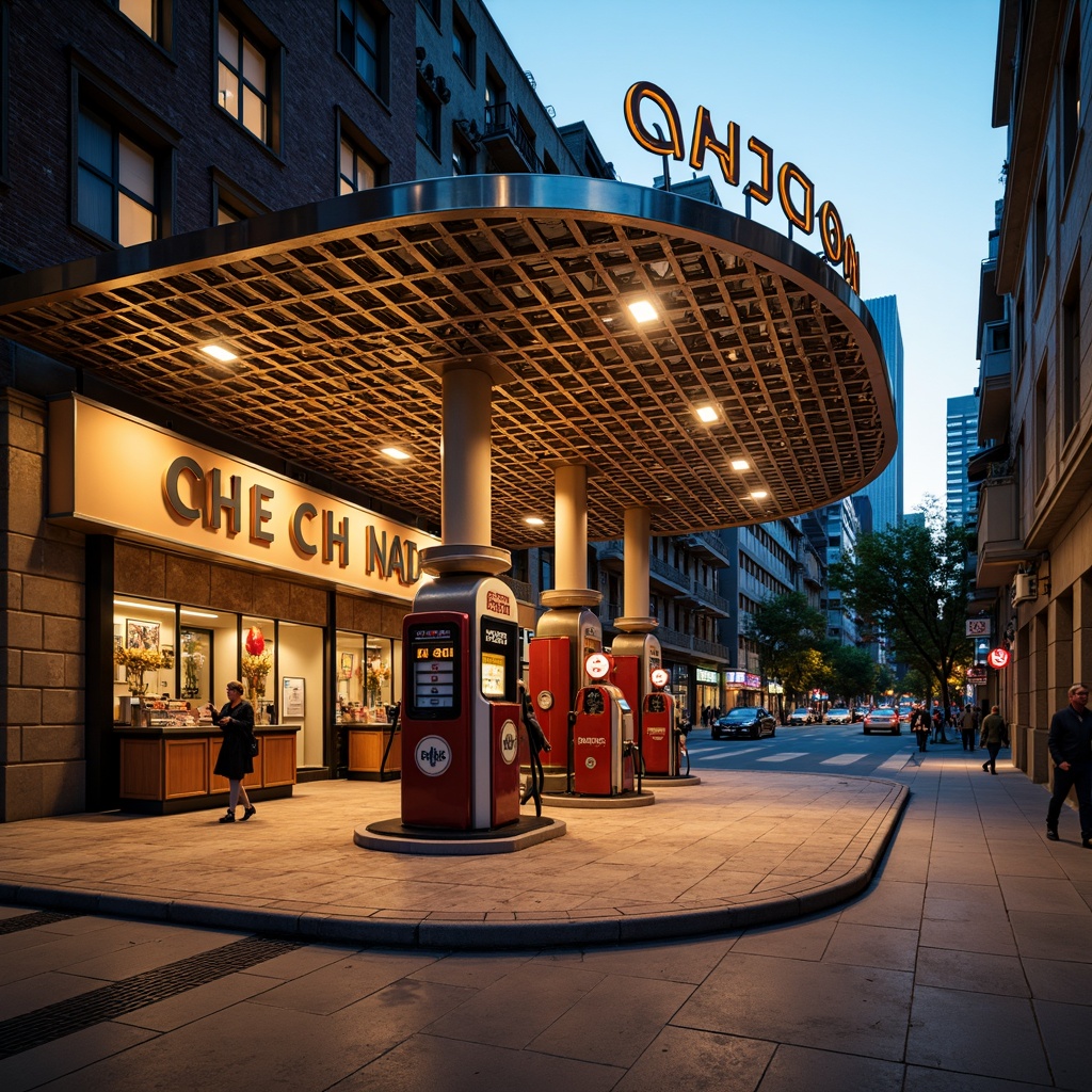 Prompt: Art Deco gas station, ornate metal canopy, vintage fuel pumps, retro-style signage, geometric patterned tiles, curved lines, luxurious materials, metallic accents, bold typography, neon lighting, urban cityscape, busy streets, evening atmosphere, warm golden lighting, shallow depth of field, 1/1 composition, symmetrical framing, high-contrast colors, detailed textures.