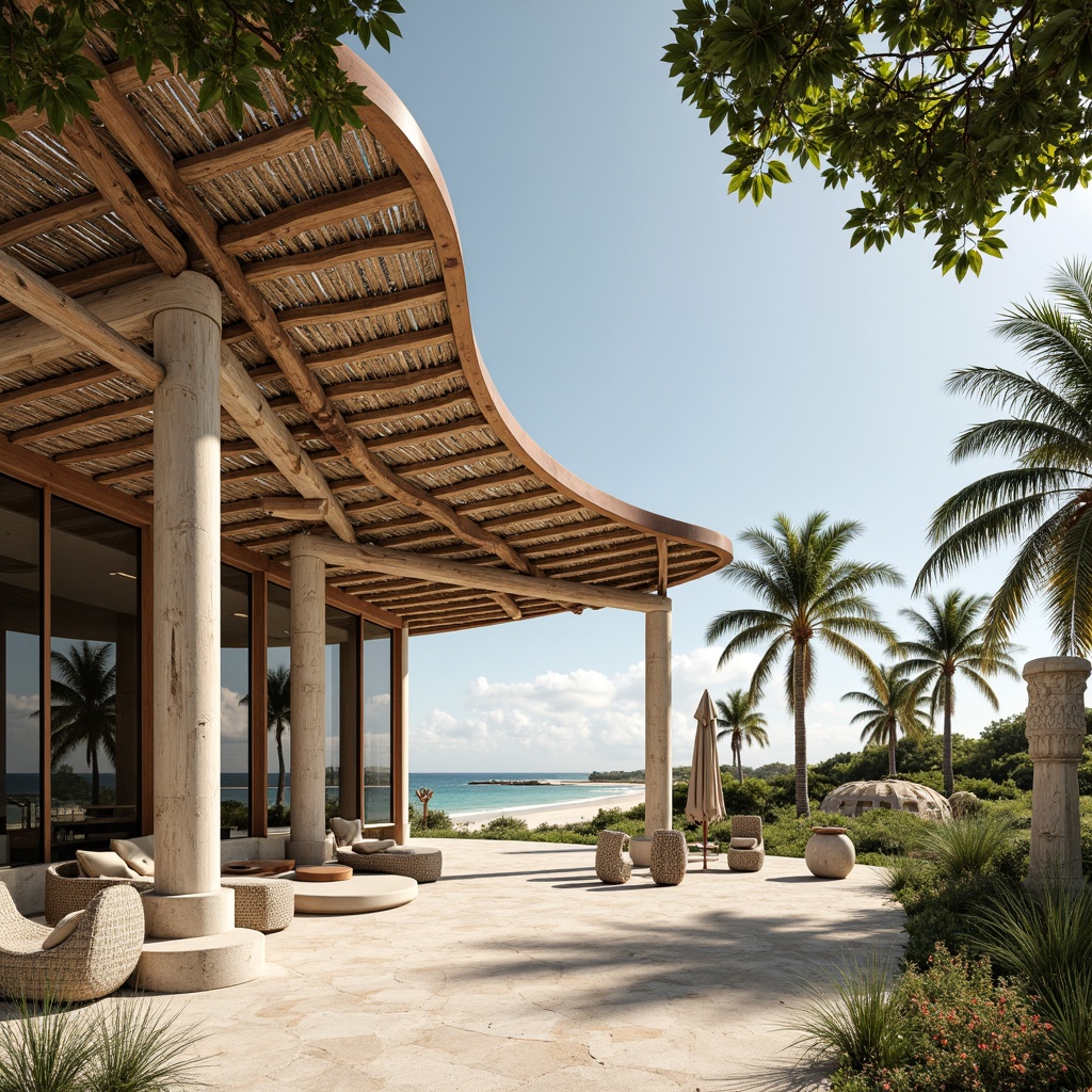 Prompt: Beachside pavilion, curved wooden beams, natural stone columns, driftwood accents, nautical rope details, ocean-inspired sculptures, sandy dune surroundings, tropical palm trees, sunny day, soft warm lighting, shallow depth of field, 3/4 composition, panoramic view, realistic textures, ambient occlusion, large windows, sliding glass doors, minimalist interior design, eco-friendly materials, sustainable energy solutions, solar panels, wind turbines, water conservation systems, green roofs, innovative cooling technologies, shaded outdoor spaces, misting systems.